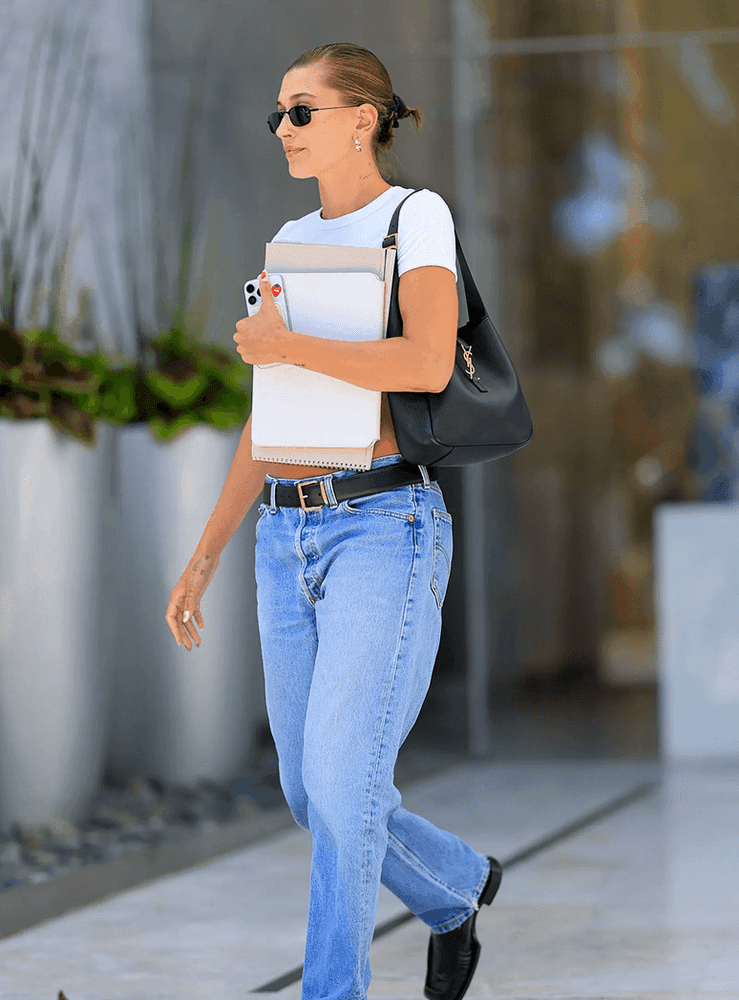 Hailey Bieber with Saint Laurent's Le 5 à 7. (Image credit: Getty Images)